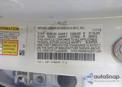 2020 Honda Accord Lx z USA, uszkodzony, nr VIN 1HGCV1F11LA032055